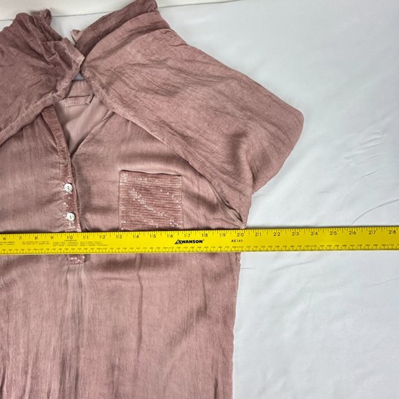 Hi-Lo Blouse Women Size Medium V-Neck Roll Up Sleeves Italy Flowy‎ Sequins Pink - Picture 13 of 16